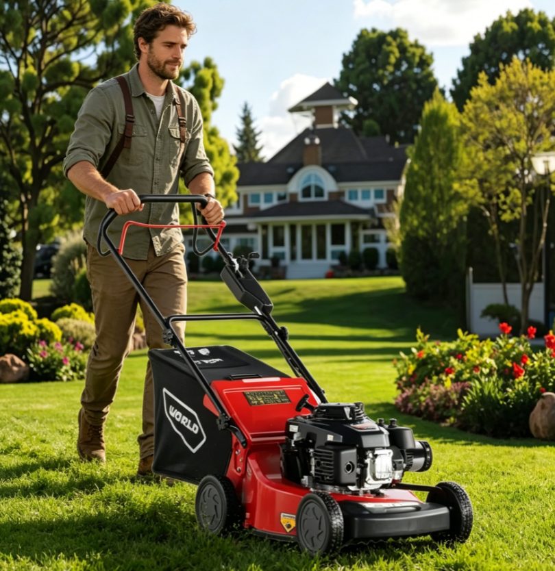 Industrial-Grade 21in Hand-Pushed Lawn Mower Tractor with Self-Walking Feature Four-Wheeled for Power Grass Cutting Lawn